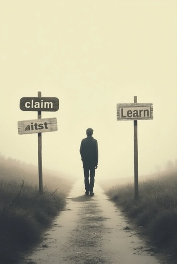  
 a person standing on the back ,  signs in front of you two roads,  on each road two signs, A plate "Claim ", or another  "Learn