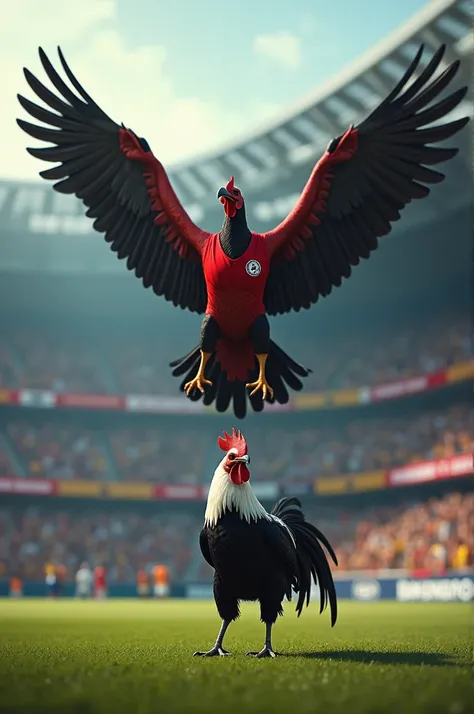  A muscular vulture wearing a Flamengo jersey flying on top of a crying rooster wearing a black and white jersey, inside a stadium full of Flamengo fans .