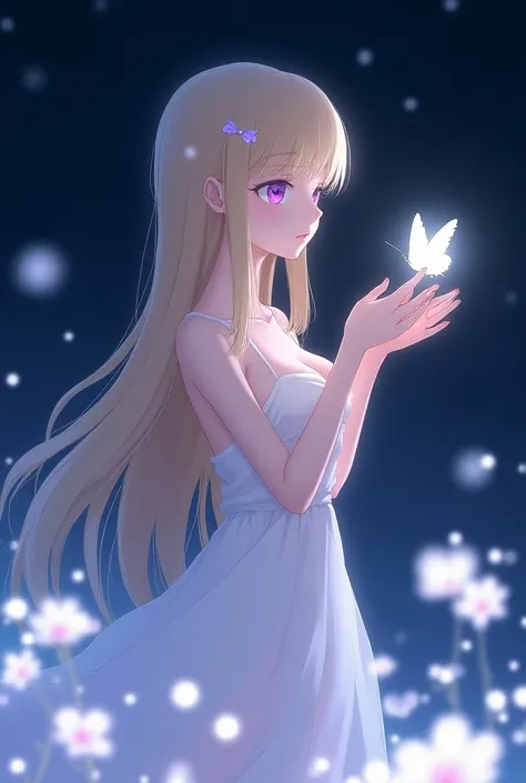 Blonde woman, angelic features gentle expression, chubby pink lips, long flowing straight hair pale skin, lilac and pink eyes in a dark night gently holding up her hands holding a white butterfly that shines into the dark florets behind her, white flows dr...