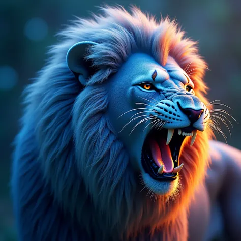 a close up of a lion with a blue and orange mane, amazing digital art, incredible digital art, detailed digital 3d art, digital art animal photo, water art manipulation, highly realistic digital art, fierce expression 4k, beautiful digital artwork, stunnin...