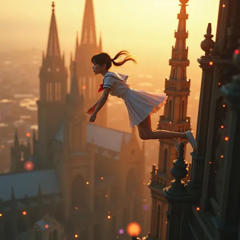 Haunting Live-Action, Extremely Detailed Innocent JK Diving from CologneCathedral. Magic Hour Miracle, Sparkling, LifeLike Rendering, MotionBlur, (XLabs F.1 Realism LoRA V1), White Sailor Uniform with Thongs, Red Ribbon Ponytail hair fluttering in the wind...