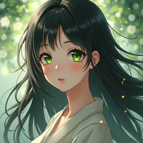 Jeune femme de 16 ans aux yeux verts et aux cheveux noirs. (anime)