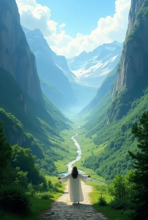  Two huge giant mountains with lots of greenery in the middle you can see everything from above , In the middle there is a wide spacious path and the Lord Jesus dances there  