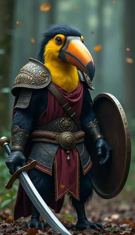 HDR, UHD, 8K, highly detailed, photorealistic, best quality, masterpiece, toucan, solo, full body, glowing eyes, serious fighter expression, standing, gladiator, ornate armor with colorful details, round shield, curved sword, cold lighting, deep shadows, l...