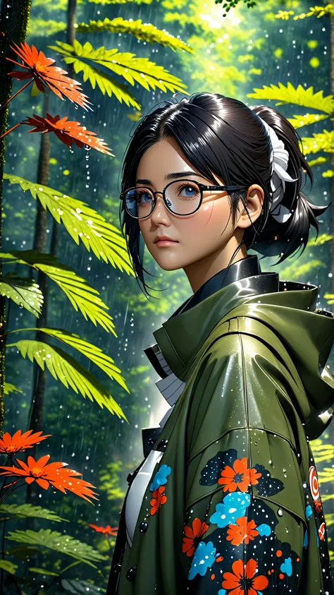 Shino Aburame from Naruto, medium shot from head to waist, wearing high-collared coat, round dark glasses, Konoha headband, spiky dark hair, rain droplets on clothes and glasses, Aburame clan forest with insects in background, dramatic lighting, bokeh effe...