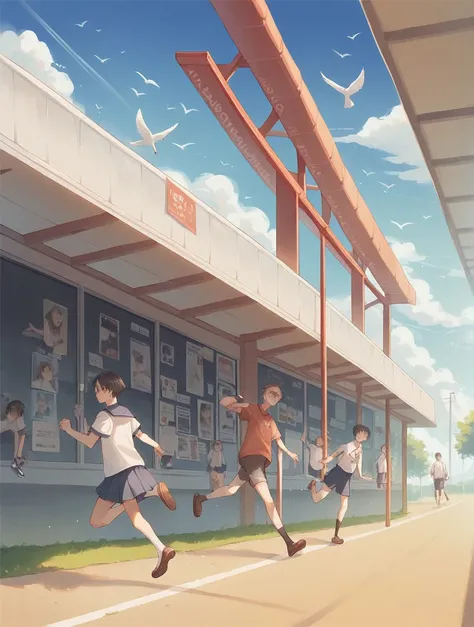 poster, springer, art, shonen art, boys and girls, shonen style, perspective, blue sky, birds, saturation, gestual characters, running, school, school tournament, school olympics, foco nos personagens, dinâmico, personagens perto do observador
