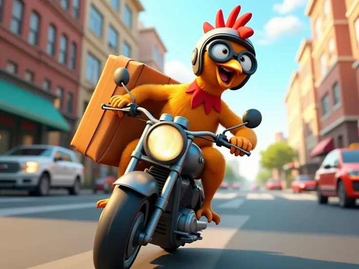 Animated chicken on a moving motorcycle with delivery bag