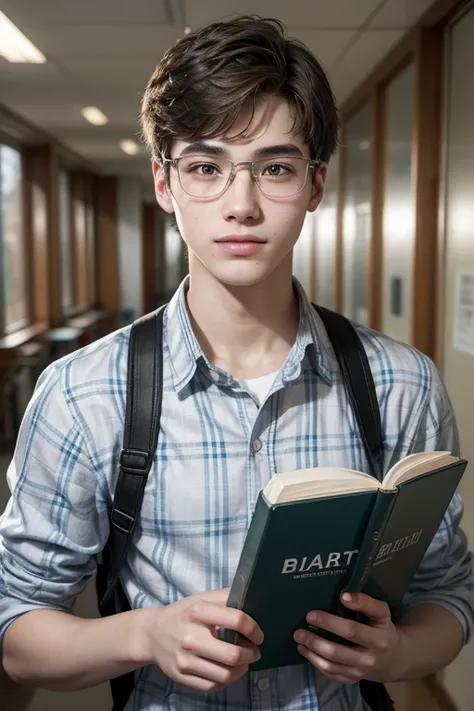  Create a realistic high-quality image 9 : 16 features a 19-year-old nerdy man ,  with bottled glasses , Pimples on the face ,  skinny plaid shirt . braces on teeth,  timid posture holding your science books in the school corridor.