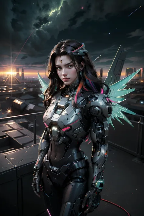 ((masterpiece, best quality, extremely detailed), volumetric lighting, ambient occlusion, colorful, glowing), 1girl, solo, young girl, (dark hair), long hair, halo, aura, sacred, godness, cyber suit, (random-colored outfit:1.3), android, bot, cybernetic wi...