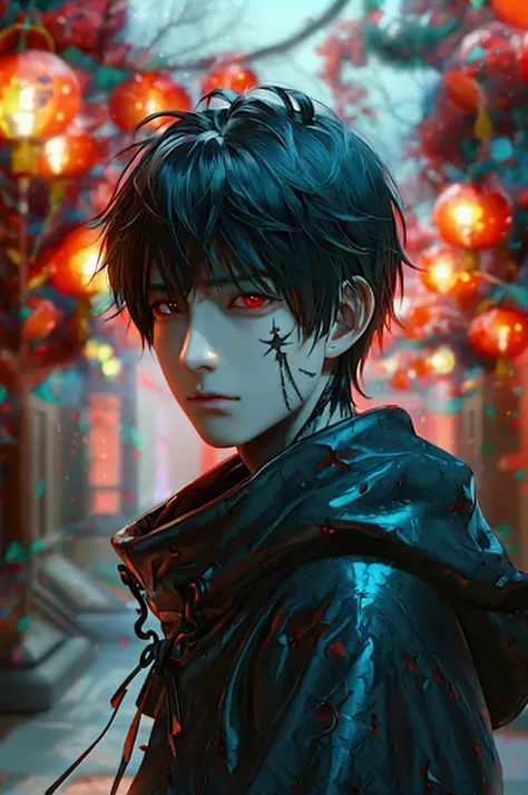 dark anime scary Ai image with image restrictions:800*600px, within 5m format: JPG, JPEG, a boy with a demonic look and a holographic system in his face,a full body picture, wearing a dark cloak 