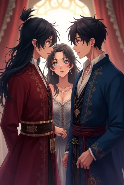 A man telling something to A woman in medieval clothing and a man in medieval clothing 
Woman with black hair and blue eyes 
Man with black hair and red eyes 
Anime style