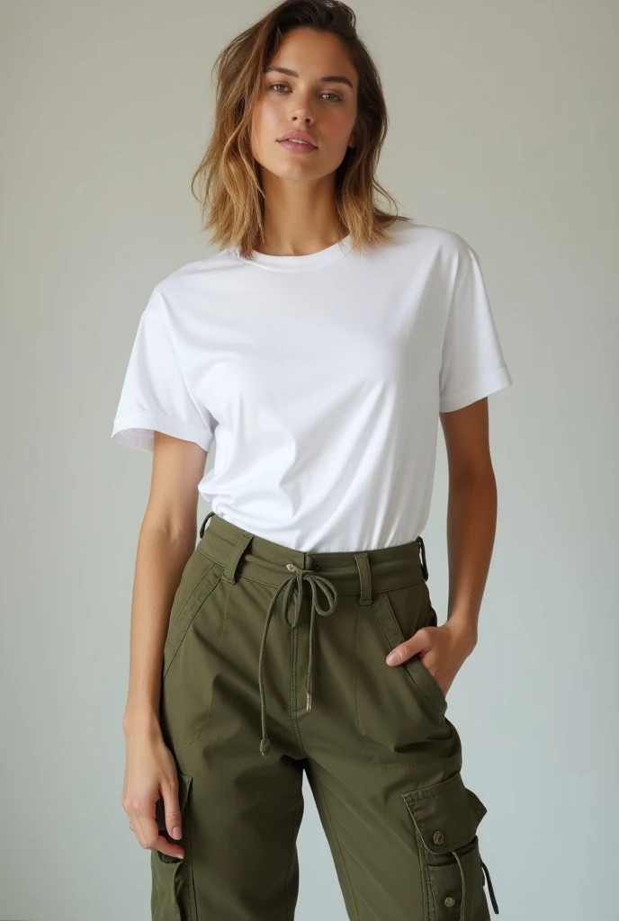 womens white t-shirt with cargo pants color military green 