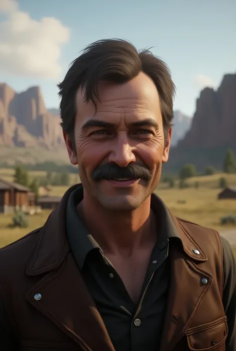 High, Handsome middle aged man,  brunette with a gorgeous mustache and a kind smile, в мире red dead redemption 2