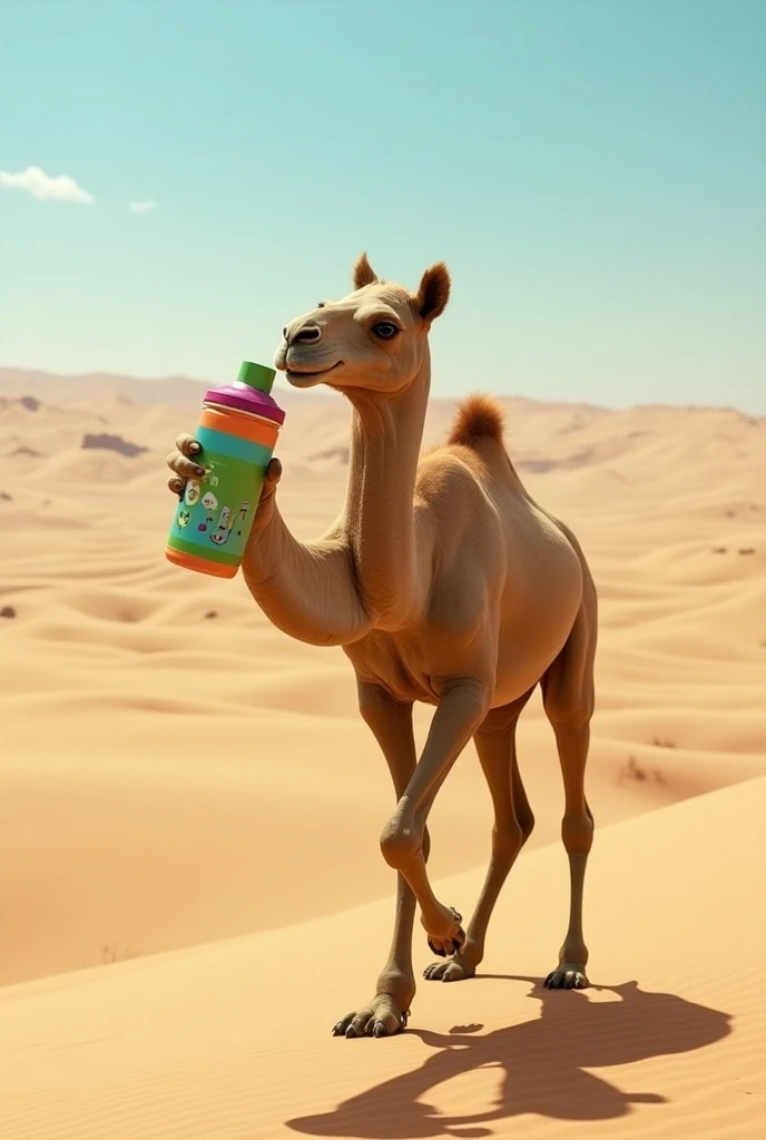 A camel walking in the desert ,  he suddenly stops and grabs a musical thermos and starts drinking water and dancing a pop