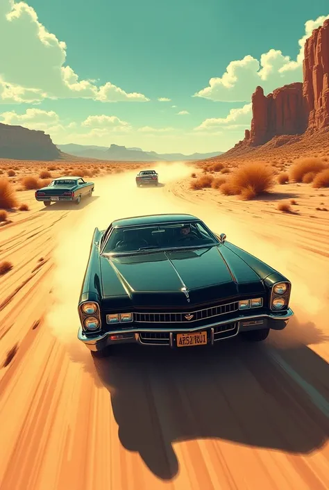  Creates the image of a car being chased by a black 1960 Cadillac on the desert road, American Comic Style  