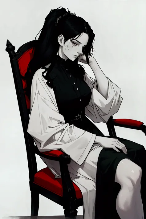 A woman with pale skin and long black hair. Her left half of her face is burned and slightly deformed, with a tired expression. She is wearing old clothes, a simple dress. With a black cane held in her left hand, she is sitting in an armchair. {{left side ...