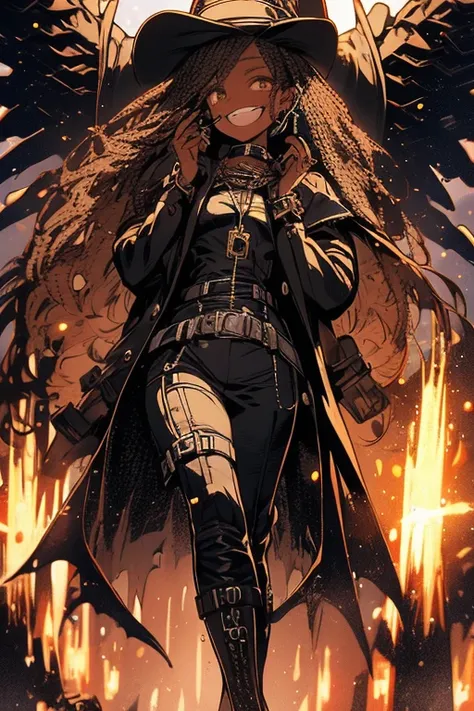 Black skinned woman,  very detailed face ,  takes full body,  abundant curly hair , Steampunk Style, boots, He wears cowboy weapons , smiling, rogue.  Detailed Steampunk Background