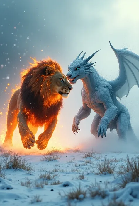 In a barren, desolate landscape, an enormous lion cloaked in flames charges across the ground, leaving scorch marks in its wake. Its fiery body contrasts against the icy, cold dragon that stands firmly in the snow, surrounded by a blizzard of frost. The ba...