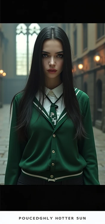 a beautiful young girl, detailed eyes, long straight black hair, heavy makeup, foxy eyeliner, defined contour, sexy slytherin school uniform, small waist, pale skin, hogwarts background, best quality, 4k, 8k, highres, masterpiece, ultra-detailed, realistic...