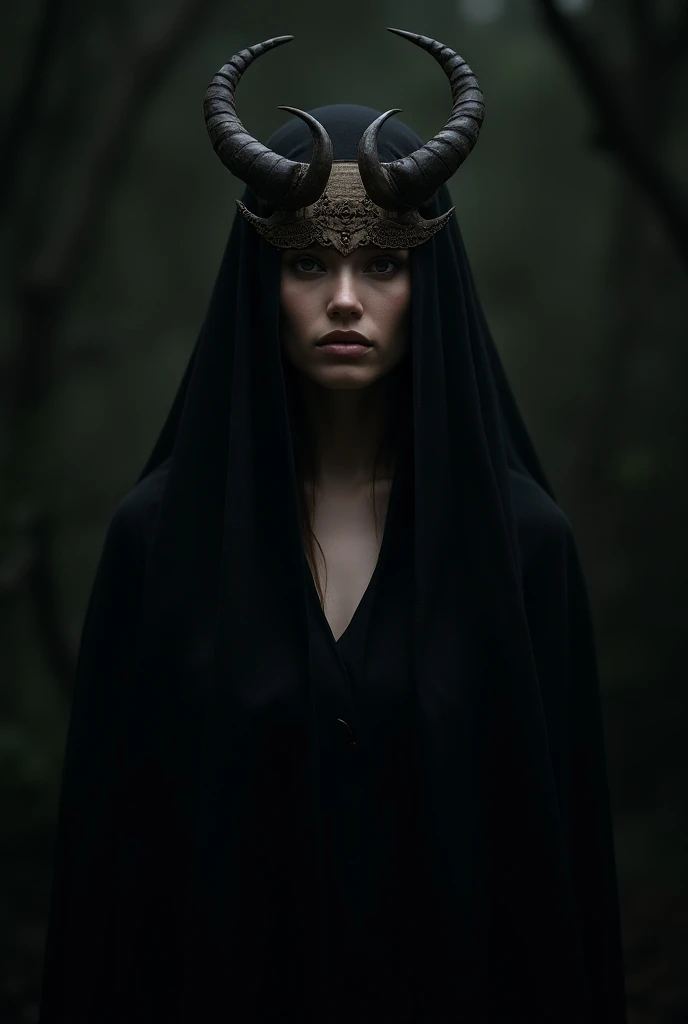 Extremely beautiful woman wearing a tribal mask with horns and a long black cape with a fully covered burlap