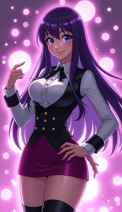 Zatanna from DC Super Hero Girls 2019, long purple hair, straight purple hair, sparkly purple hair, magical purple hair (Dark purple), Zatanna is a beautiful teenage girl with fair skin and a distinctive hourglass figure, thick light indigo hair that reach...