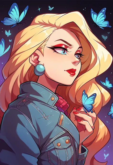 1girl, solo, long hair, blonde hair, jewelry, closed mouth, jacket, upper body, earrings, nail polish, makeup, bug, denim, lipstick, butterfly, red nails, red lips, denim jacket