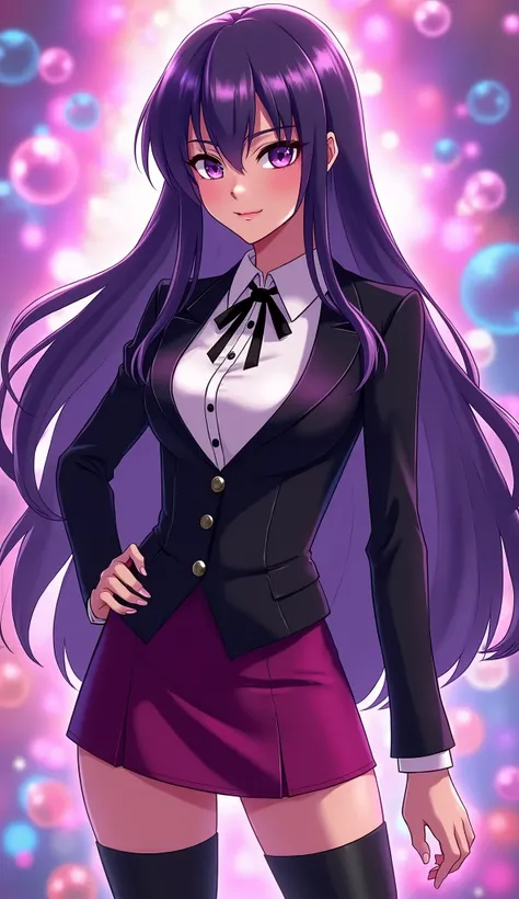 Zatanna from DC Super Hero Girls 2019, long purple hair, straight purple hair, sparkly purple hair, magical purple hair (Dark purple), Zatanna is a beautiful teenage girl with fair skin and a distinctive hourglass figure, thick light indigo hair that reach...