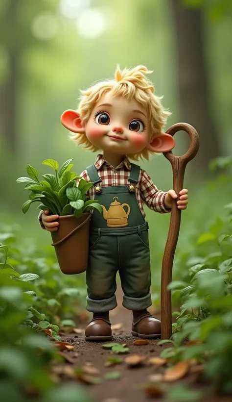 A small, whimsical figure stands in a forest, wearing a plaid shirt and overalls with a drawing of a kettle or teapot on the front pocket. The figure, with straw-like hair, holds a bunch of green leafy vegetables in one hand and a wooden staff in the other...