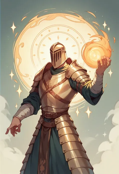 A spirit with a golden glow in a dark and old medieval armor, square earlier, tall, with a magic mass that fits one hand in battle.. With an antique theme 