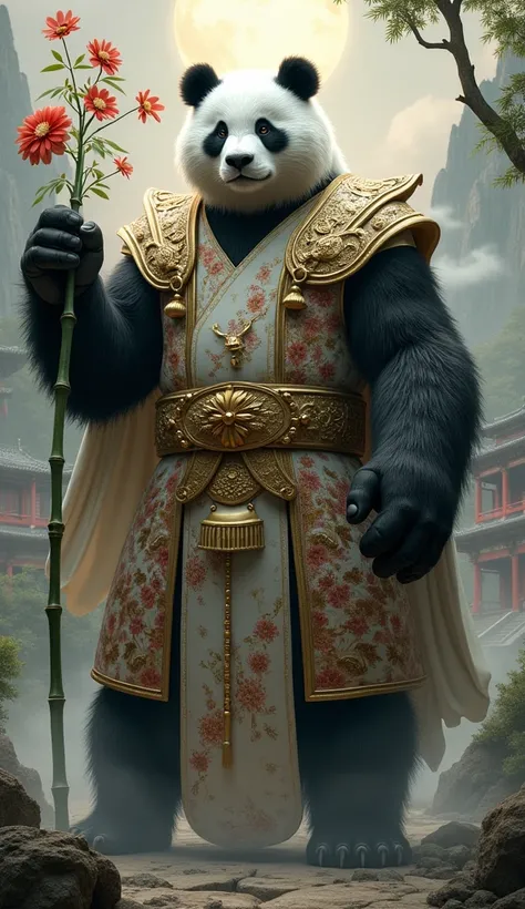  A hybrid of Zeus and a giant panda ,  representing tranquility and spiritual power .  With the body of Zeus and the black and white coat of the panda ,  he wears an imperial Chinese robe with gold details.  He holds a lightning bolt and a bamboo flower , ...