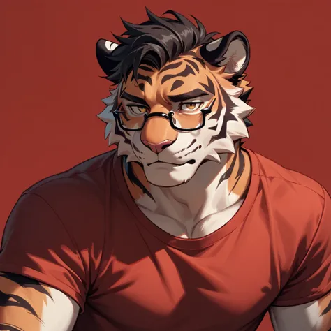 Solo, male tiger, red t-shirt, rectangular eyeglasses, staring at his own penis, dark bedroom background