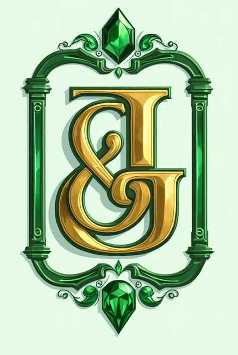 Logo with the phrase : and & J in gold color and green borders with a heart-shaped emerald above and below the phrase the word emeralds, written in spanish.