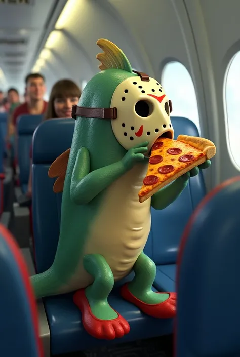 A high-heeled fish , wearing the Jason Voorhees mask on a plane eating pizza in cartoon style in 3D and with 99999 people