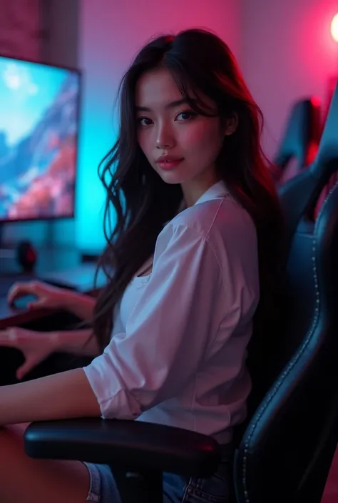 (masterpiece), ( The best quality), A beautiful,sexy woman,  long hair ,  perfect face , Facial details, shirt, (jean shorts), neckline, Game room, player,  perfect body anatomy, cowboy shot, bottom, monitor , speakers, gaming chairs , Lights,  highly deta...