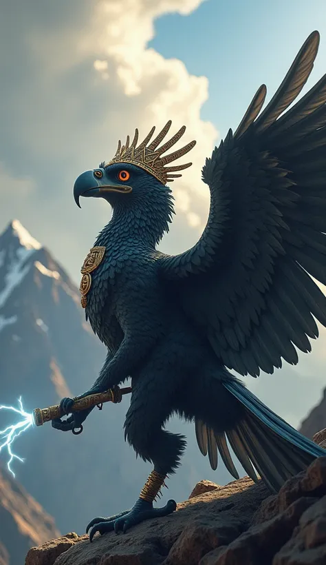  A hybrid of Zeus and the Andean condor ,  representing majesty and resistance .  Zeus body is adorned with dark and gray feathers ,  and their open wings reflect the bearing of a god .  He wears a crown inspired by Incan patterns and holds a lightning bol...