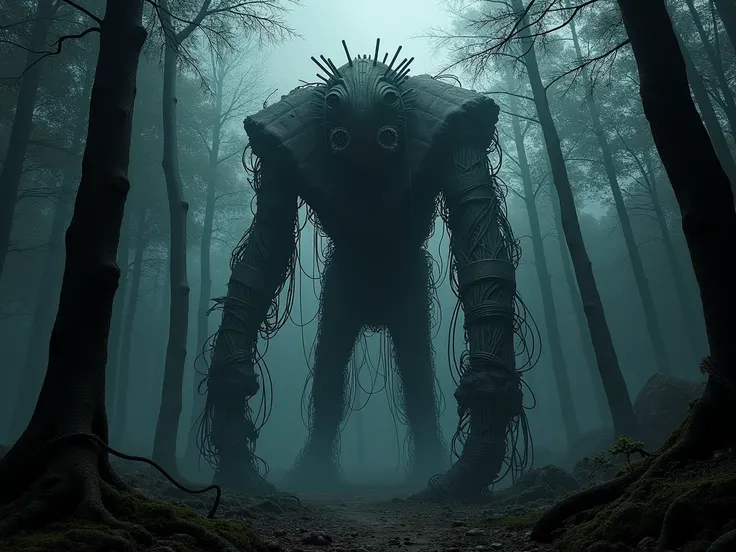 Immense to be made of a chipboard, wires and cables attaching to the ground and trees, monster, freak, darkness, dark fantasy, dramatic light, by Aitor Throup, forest night