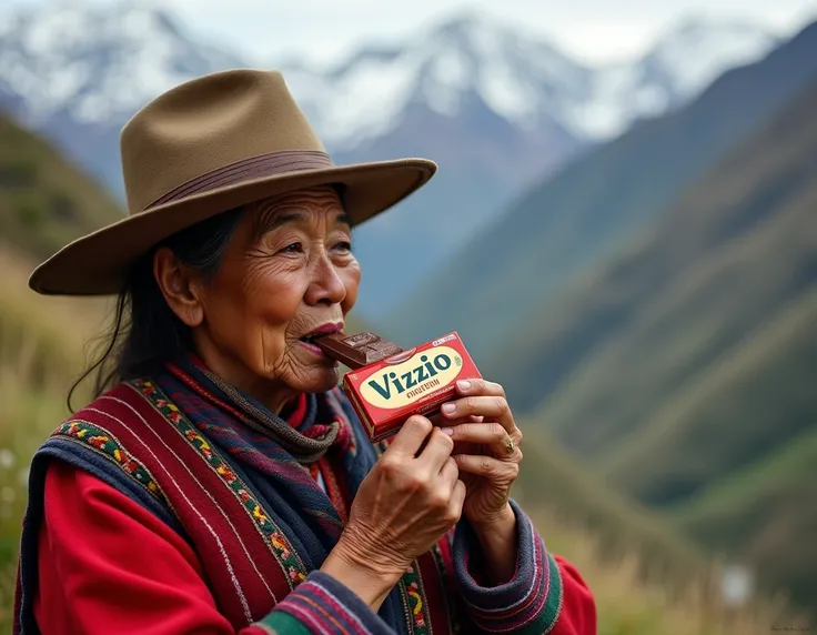  PERUVIAN ANDEAN WOMAN EATING VIZZIO CHOCOLATE (Peruvian brand) IN A PERUVIAN CONTEXT, an image of mountain women
The images are fine but that the format is horizontal and elongated