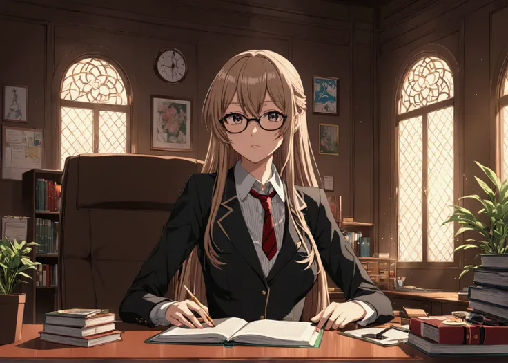 Stoner anime girl in principal office 