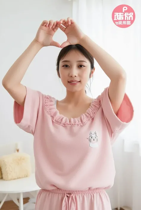 Only one woman with a cute smile wears cute, fluffy off-shoulder pajamas, makes a big heart shape with both hands, and poses them in front of her chest, View above collarbone、The background is a monotone 

