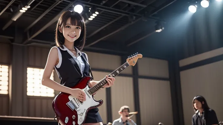 (( An attractive girl plays electric guitar on a live stage)),(punk rock),((Dynamic Hall )), cinematic lighting , background is a dim building interior ,((( an attractive smiling girl wearing a high school uniform ))), miniskirt,Beautiful detailed beautifu...