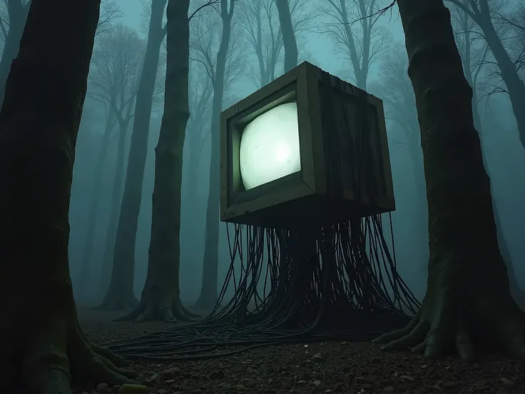 Immense to be made of a chipboard, wires and cables attached to the ground and trees with a broken TV at its center., monster, freak, darkness, dark fantasy, dramatic light, by Aitor Throup, forest night