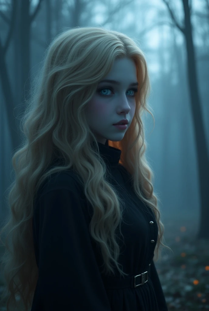 ( extremely detailed CG Unity 8k wallpaper,masterpiece,  The best quality, ultra-detallado),( better lighting , Best shadow,  an extremely delicate and beautiful),floating,high saturation,blonde+Blue eyes:1.2,gloomy gothic landscape, long hair, looking int...