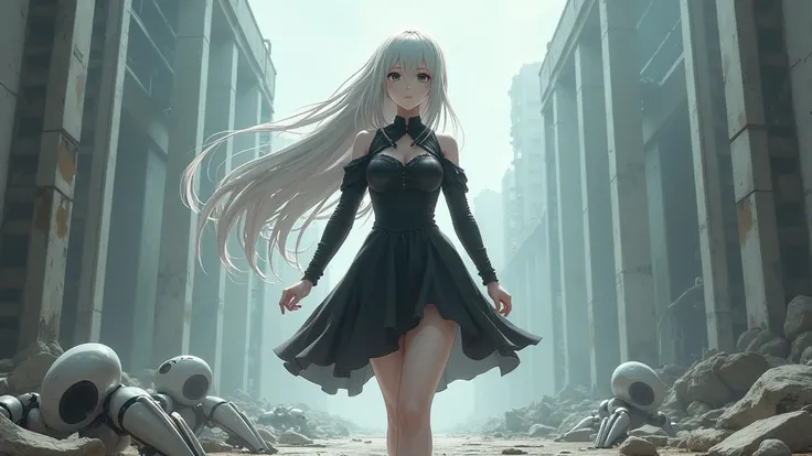 Characteristics defined in .
A centered woman, conveying a sense of movement, approximately 25 years old, white skin, proportional body, cosplaying as 2B from the game *Nier Automata*, the womans body is identical to 2Bs, anime style, detailed, focus on th...