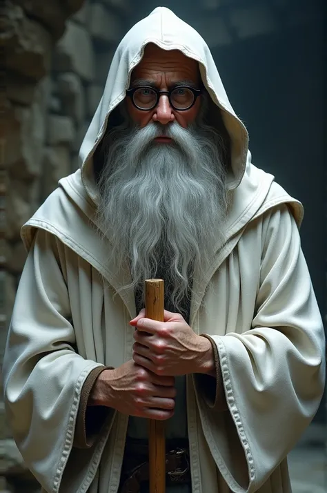 Older male wearing wearing White Wizard hooded Robe with long gray hair and gray beard and mustache with Thick Black Glasses and And wizard staff realistic 