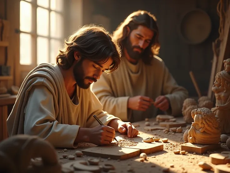 young jesus, working at José , s carpentry shop carving wood and watching his father closely.