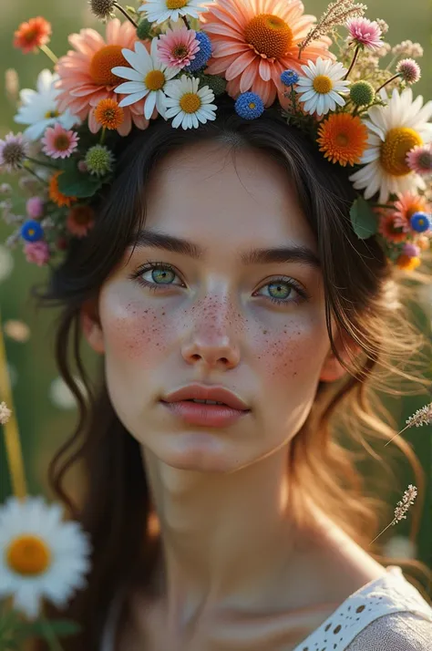 Young woman with delicate features and freckles - Intricate wildflower crown composition - Cascading floral arrangement foreground - Natural golden-hour lighting on skin - Ethereal expression and gaze FLORAL ELEMENTS - Multi-layered flower crown integratio...