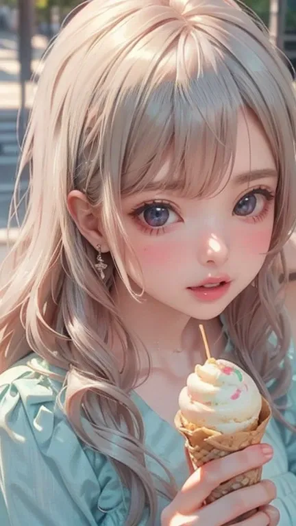  Close-up of a Man Holding an Omelet Ice Cream,  Cute Girl,  Woman with Silver Curls , Bangs, light blue eyes, red lips, Mellow Green Dress ,