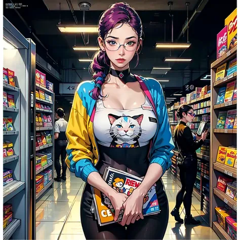 inside the newsstand with magazine covers featuring cyber punks many cats wearing meme pixel glasses printed on magazine covers,...