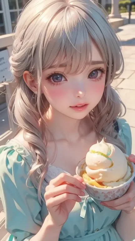  Close-up of a Man Holding an Omelet Ice Cream,  Cute Girl,  Woman with Silver Curls , Bangs, light blue eyes, red lips, Mellow Green Dress ,