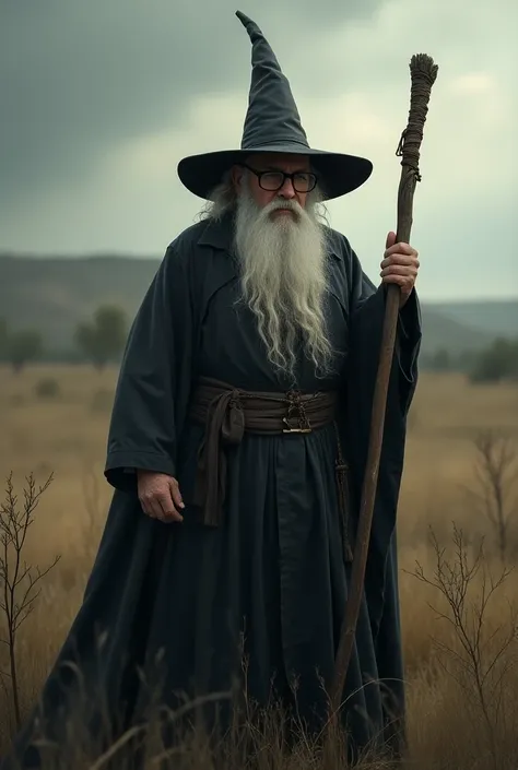 Older male wearing wearing Dark gray Wizard Robe with long gray hair and gray beard and mustache with Thick Black Glasses and And long wizard staff realistic with Texas as a background 